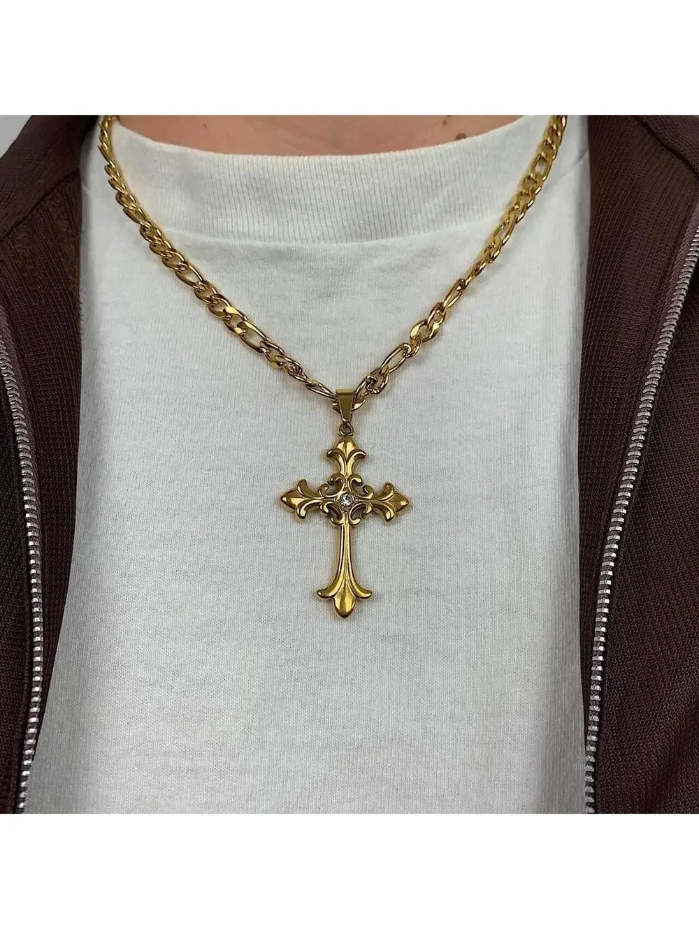 Y2K Gold Stainless Steel Cross Pendant Stone Necklace 20 Inch Unisex